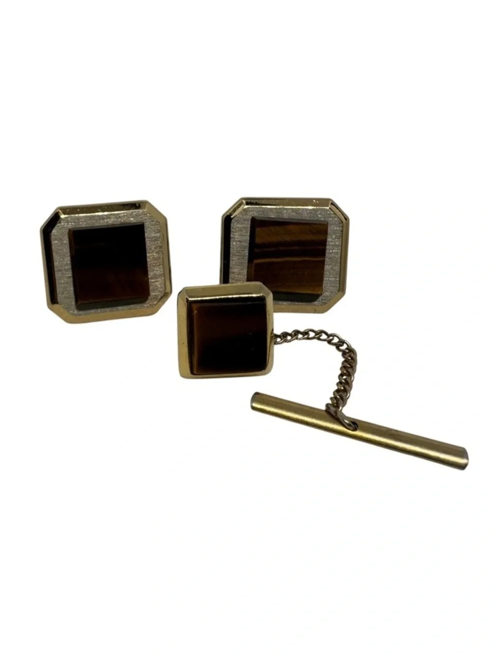 Vintage Swank Tiger Eye Cufflinks & Tie Tack Set Gold Tone Two Tone Men’s